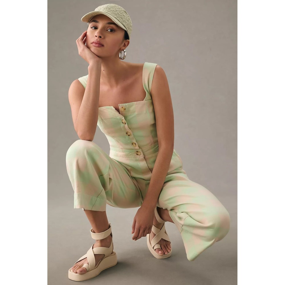 Maeve Anthropologie Colette Portside Button Front Jumpsuit Checkered Wide Leg 8 - Picture 2 of 10